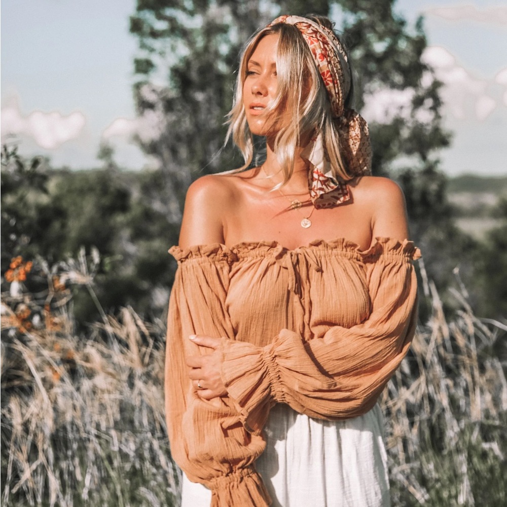 Hazel & Folk boho Emmaline top in toasted peach bohemian off the shoulder sheer